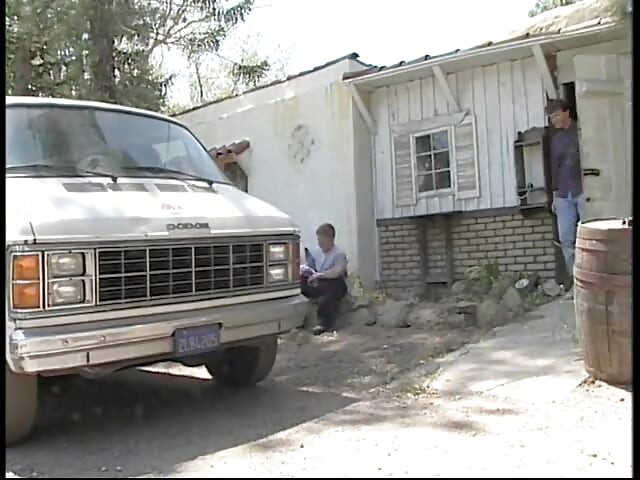 Two guys watch a slutty blond get fucked in her pussy by a machine