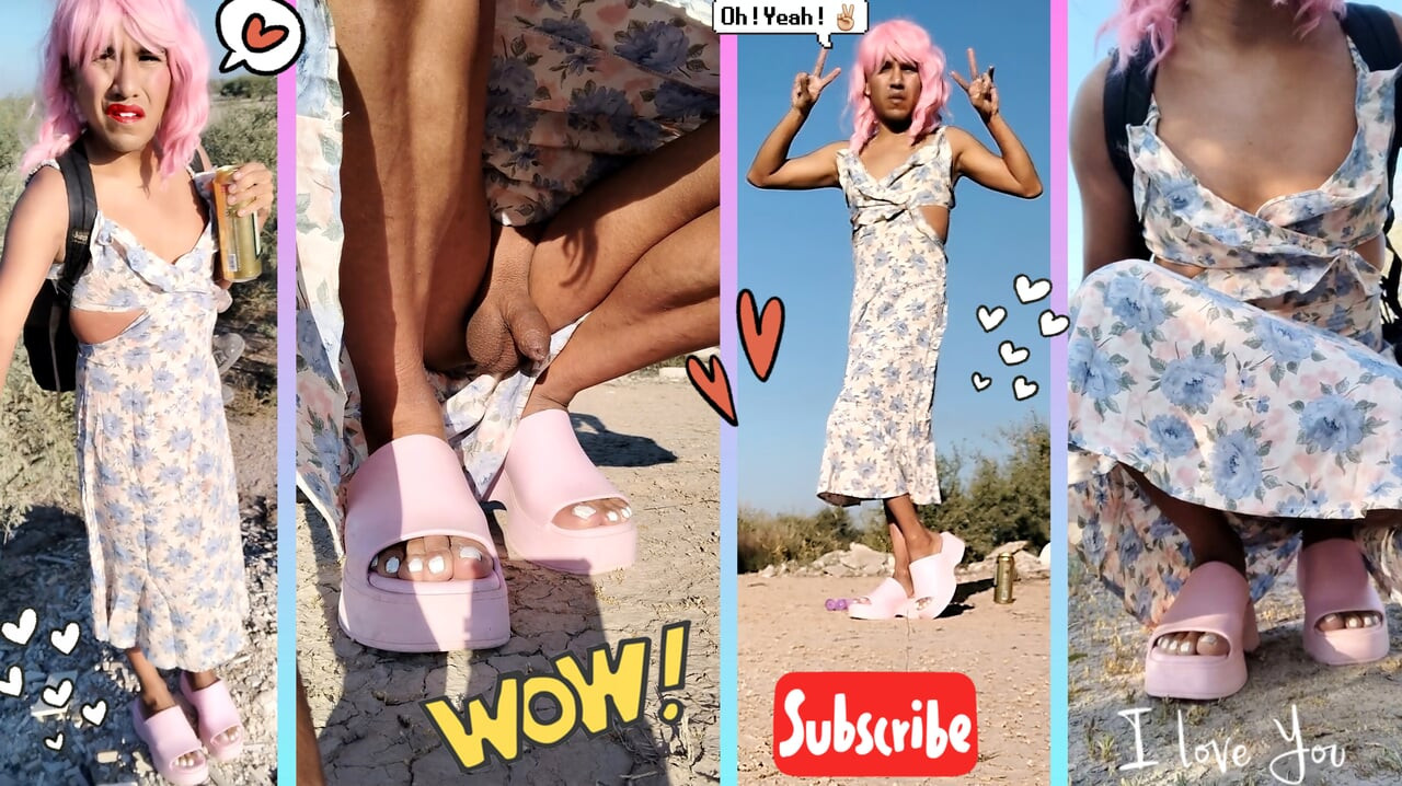Beautiful little femboy walks in public wearing very hot pink dress and sandals