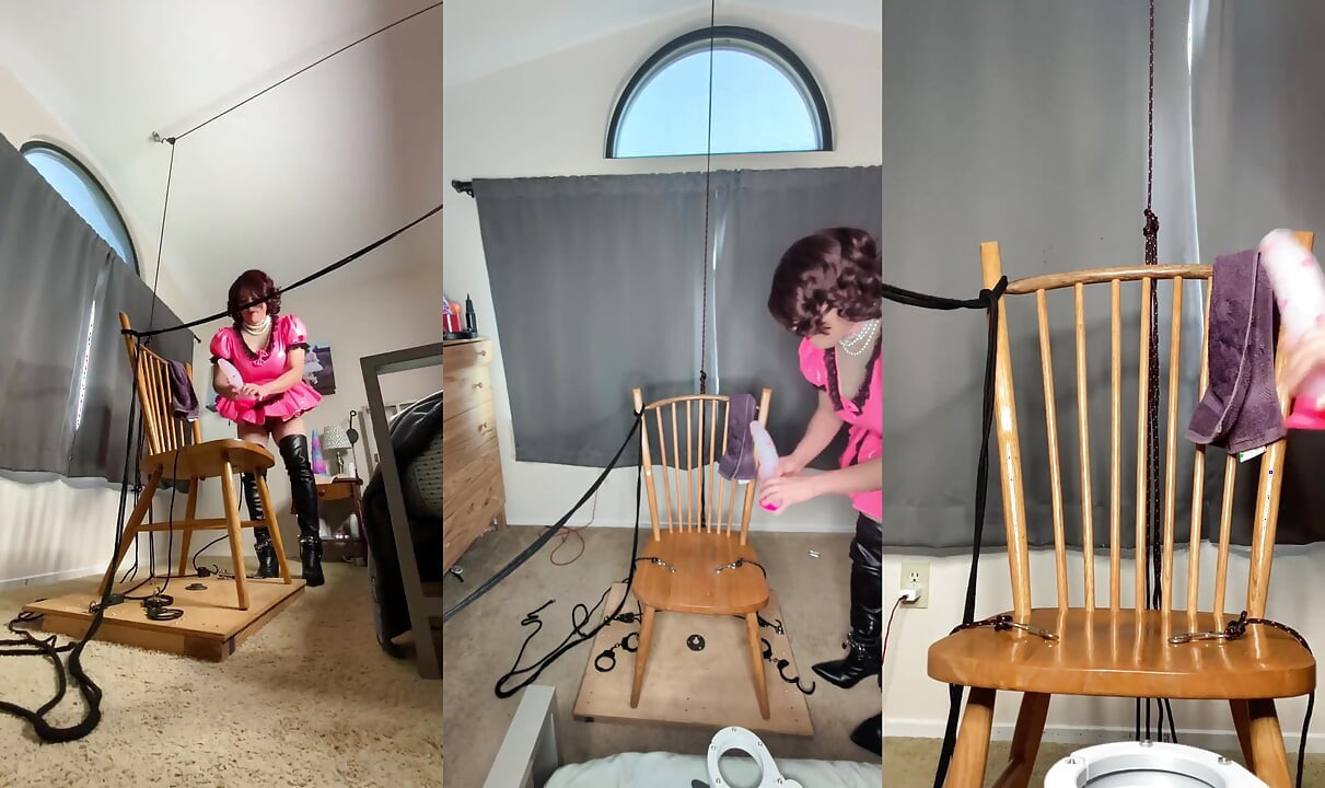 Sissy godis i själv bondage med enorma dildon