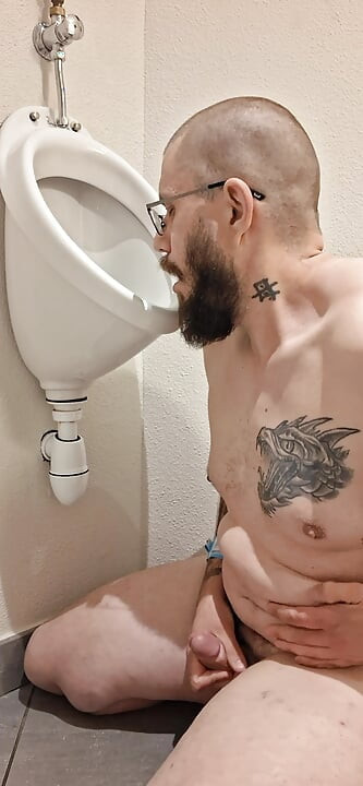 Public urinal licking squirt in