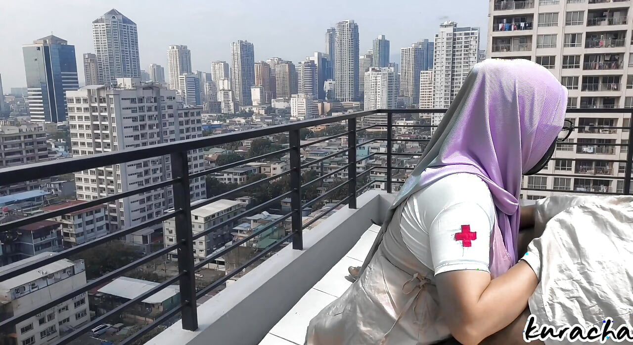 Hijab Cheating Nurse Step Sister blowjob at hospital Balcony