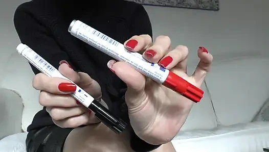 Slave Marking with Pen, Beautiful Red Fingernails, Lady Victoria Valente