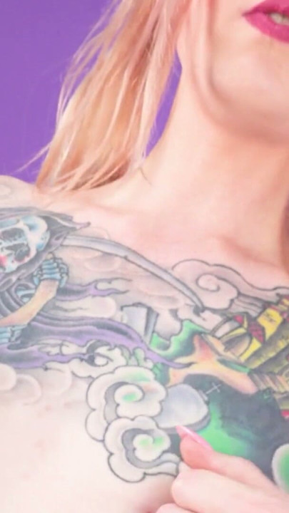 GROOBYGIRLS - Horny blonde with tattoos fucks her ass with dildo while masturbating her cock | Clip 1