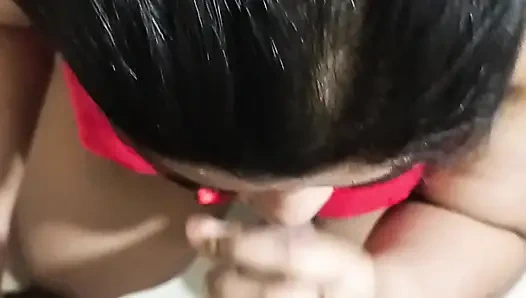 Desi wife in red night dress gives sloppy blowjob & gets hard fuck by husband