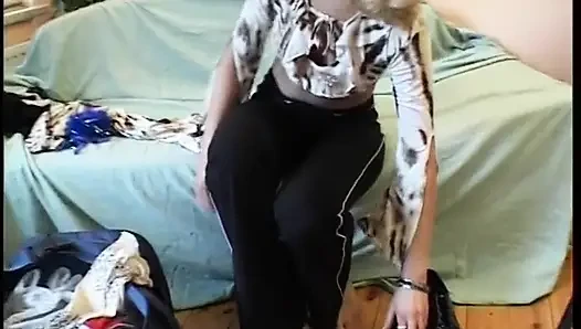 Blonde bitch fills her pussy with a big cucumber at the casting
