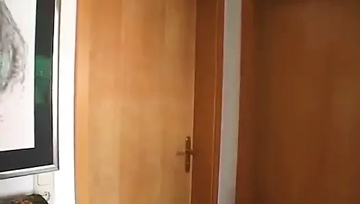 Small titted brunette is rubbing her hairy pussy in the bathroom