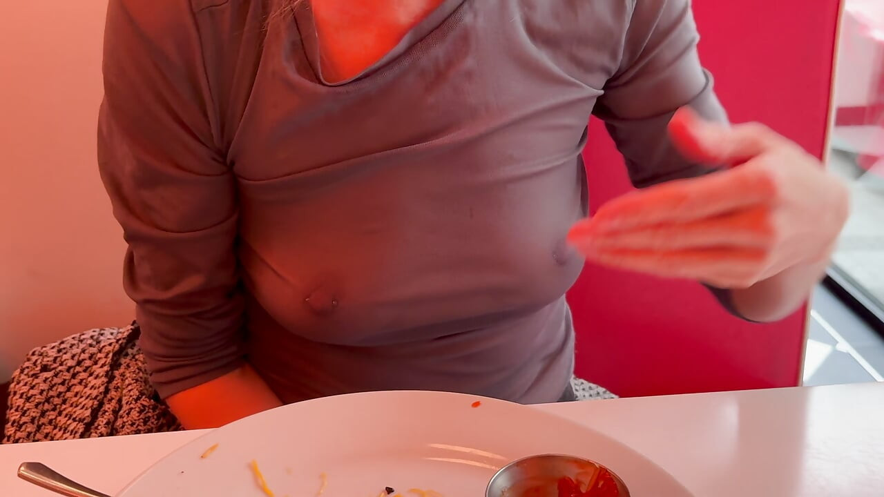 Having lunch in a restaurant wearing totaly sheer top exposing my pierced nipples and sexy boobs