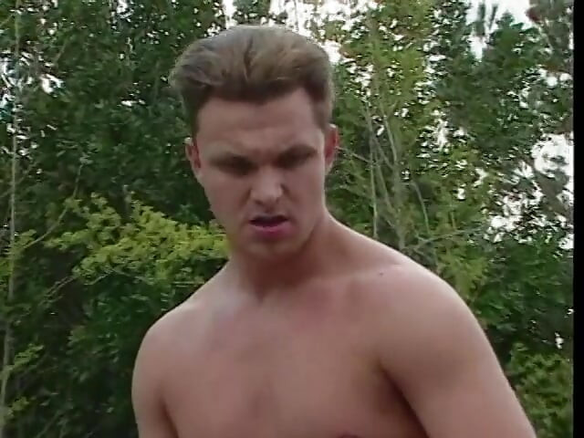 Two horny studs taking turns to fuck a busty blonde outdoors