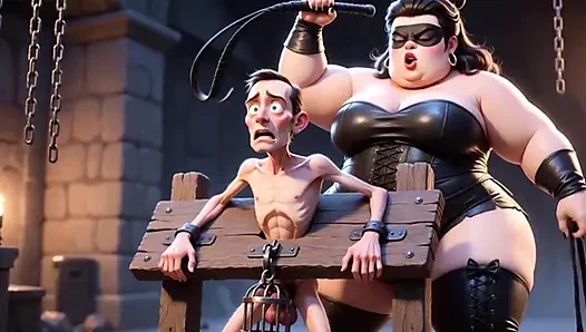 Fat Dominatrix Whips Slaves Caged Penis - Extreme Humiliation