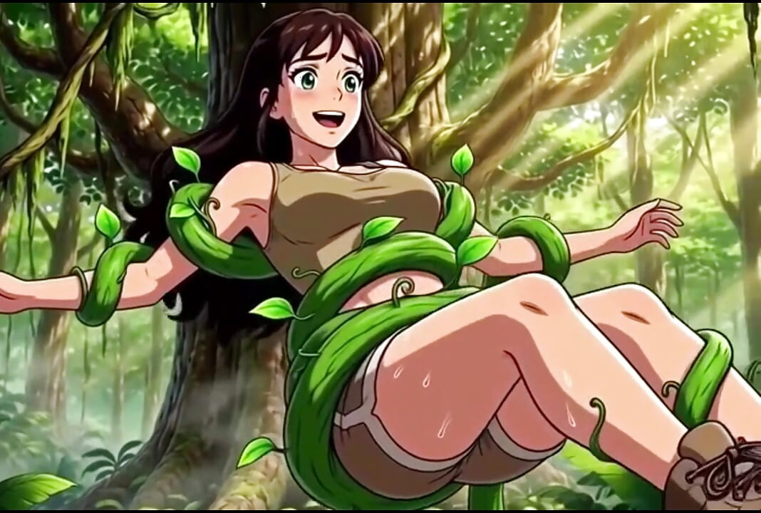Explorer girl bound in teasing vines that give her  Bound in teasing vines that  intimate pleasure