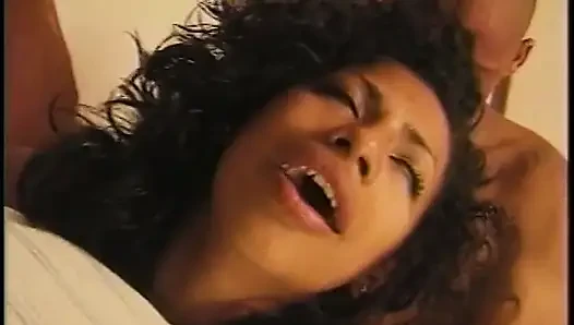 Ebony bitch gets her hairy cunt licked before stud pounds her in bed