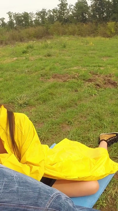 Deep blowjob outdoor in a PVC raincoat