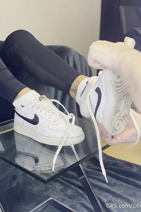 Dirty White Sneaker Worship - Smelly Socks in Face with Valeria Night (front View)