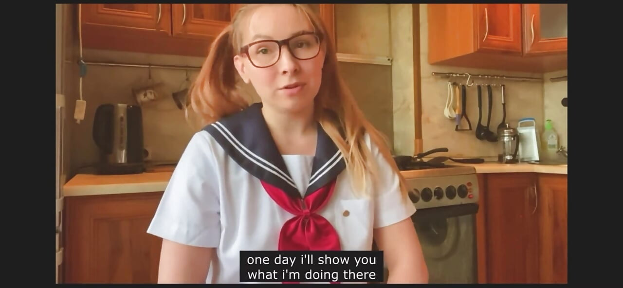 Young Beauty in Japanese College Uniform Masturbates in the Kitchen and Chats with You