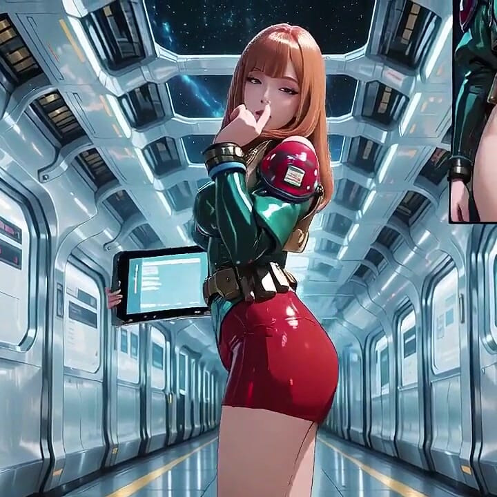 在科幻列車內，她穿著緊身的綠色盔甲，一邊摸著紅唇，一邊透過舷窗凝視著銀河系。
