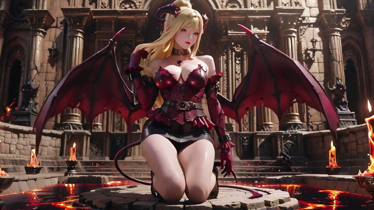 Lava Throne! Blonde Demon Queen Kneels & Spreads Her Wings, Lazy Tease with a Glass.