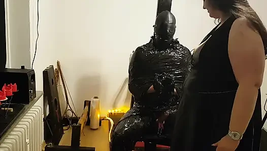 Foil Bondage Slave Bagian 2 - film cling mummified and edged to Madness