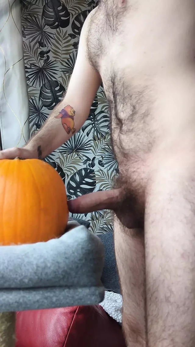 Big dick gay guy has sex with pumpkin