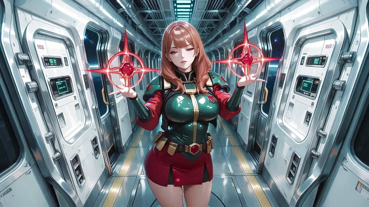 Inside the Sci-Fi Train, she wears a tight green armor, touching her red lips while gazing at the galaxy through the porthole.