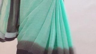 Indian slim crossdresser boy wearing panty in a green saree