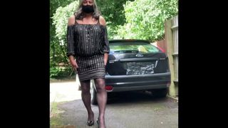 Horny driveway wank and strip in stockings and heels