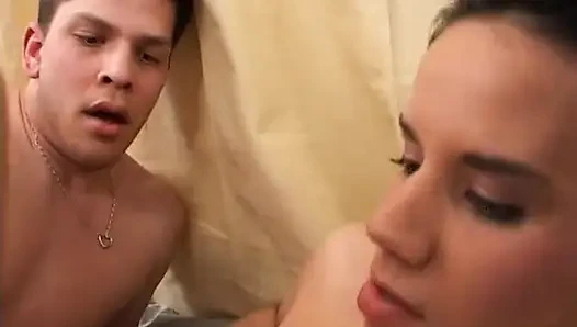 Young cute girl with hairy pussy and natural tits gets fucked