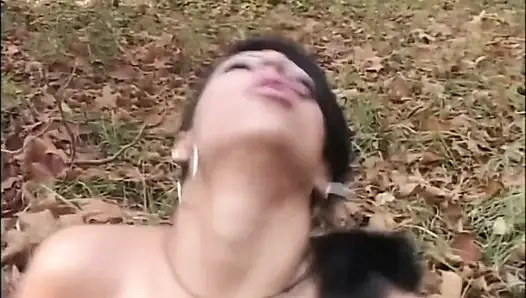 Young Black Woman with Nice Tits Fucked in the Woods by a Big Cock and Cumshot in Mouth