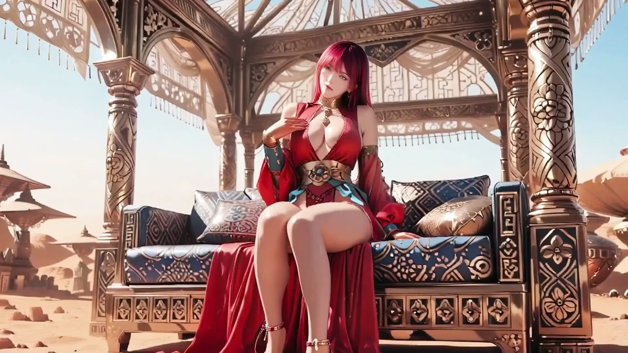 Red Queen in the Desert! Lazy Afternoon in the Golden Palace, Backless Dress slightly damp.