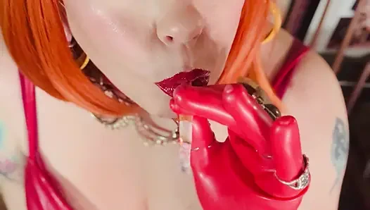 Lady In Red Is Smoking With Me...Tina Snua Smokes A Cork cigarette In Leather And Latex