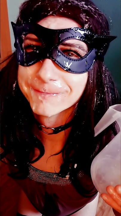 sissy trying what it's like to be covered fully in cum, using own collected cum to look like after bukkake