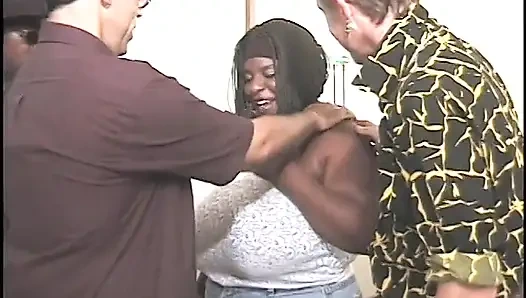 Black slut has enough meat to go round in this heavy gang bang