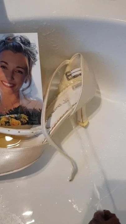 Pissed on the slutty bride and her wedding shoes