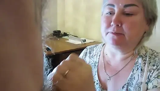 Mother-in-law sucks my cock and jerks it off extracting nectar