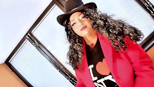 This hot brunette stepmom  in a red coat knows how to present herself. She's wonderful and incomparable.