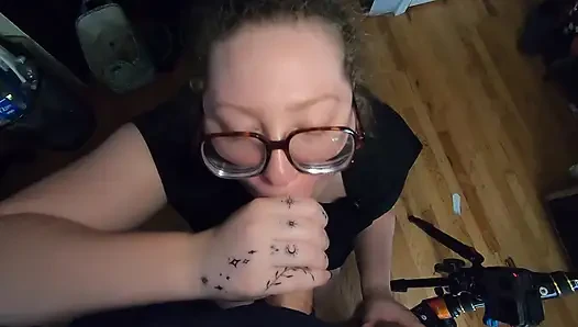 Chubby white girl with Glasses chokes on cock and swallows cum