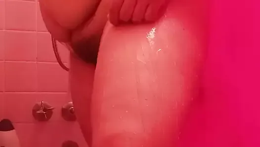 Chubby Latina girl alone in the shower getting her soft body cleaned