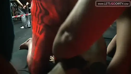 Tattooed girl eats cum after riding different cock in hot gang bang