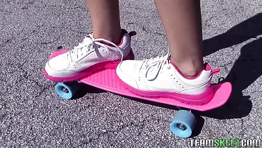 Cute skater girl gets horny for tall guy's cock
