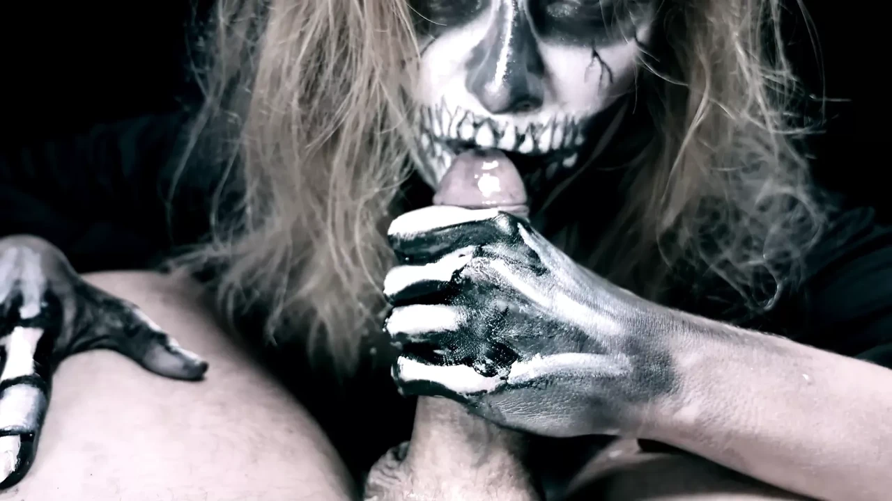Skeleton girl sucks cock. Horror halloween