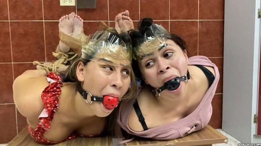 Gatas Hogtied - duas meninas amarradas e amordaçadas em cativeiro apertado