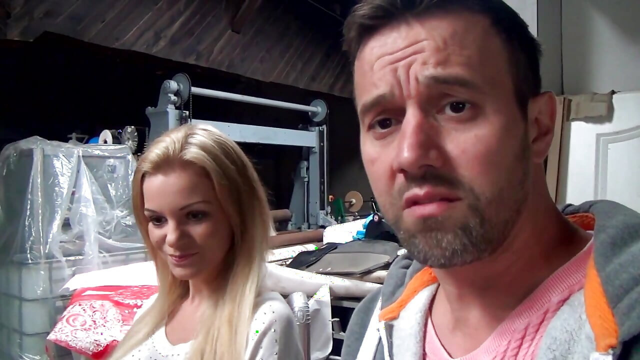 Blonde young babe in heels fucks old man and let him cum on her firm tits