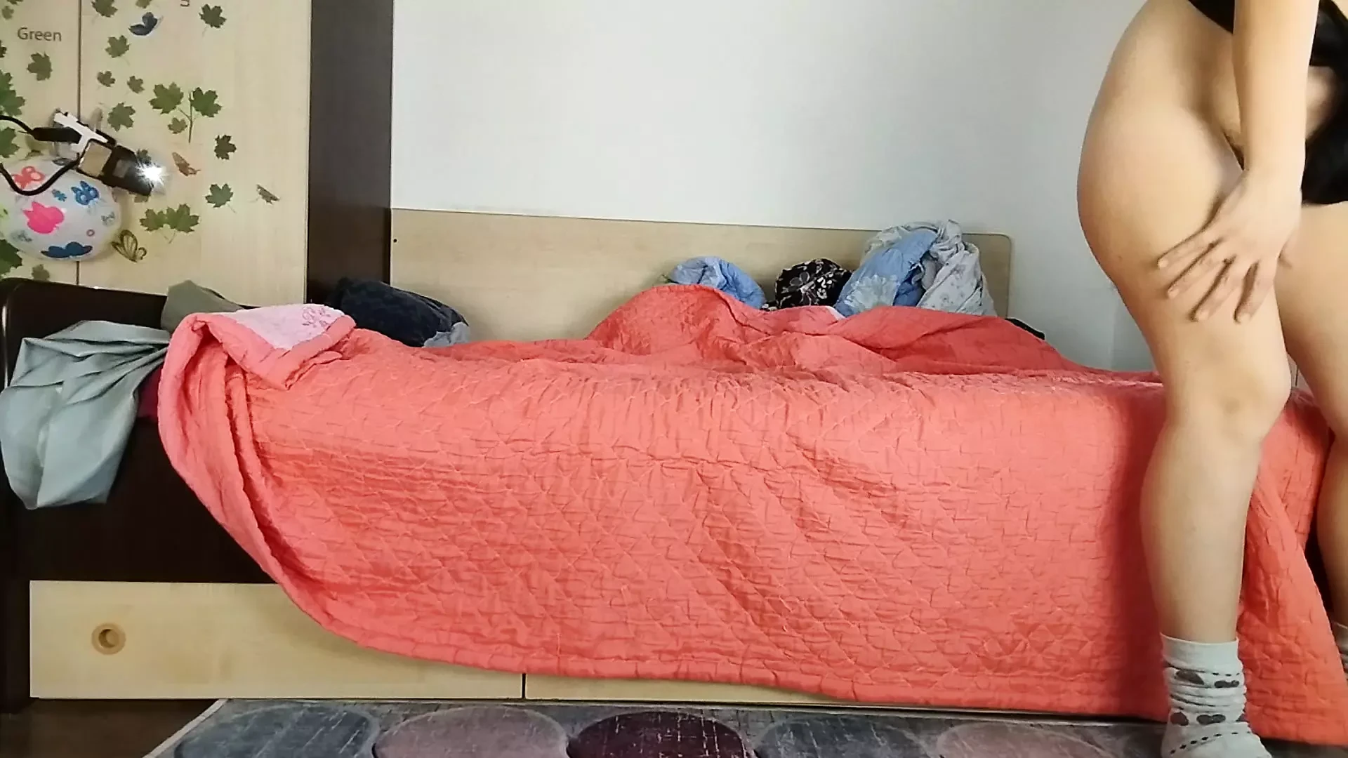 Sexy wife doing naked yoga. Hairy brunette pussy, big tits, big ass.