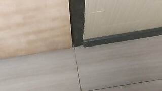 Jerking and cumming in public bathroom hallway