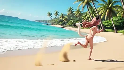 İki muhteşem şehvetli neko kızı güneşli tropikal plaj cennetinde tamamen çıplak rahatlıyor