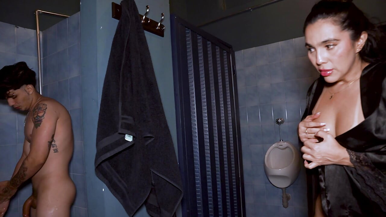 Big-bootied stepmother plays a prank on her stepson in the bathroom and they end up having sex