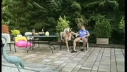 Naughty blonde pisses on a man and eat his cum after a blowjob!