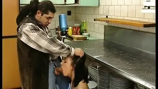 Brunette beauty tastes whipped cream from her lover's cock
