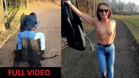 She pee through pants and flashing in a public park