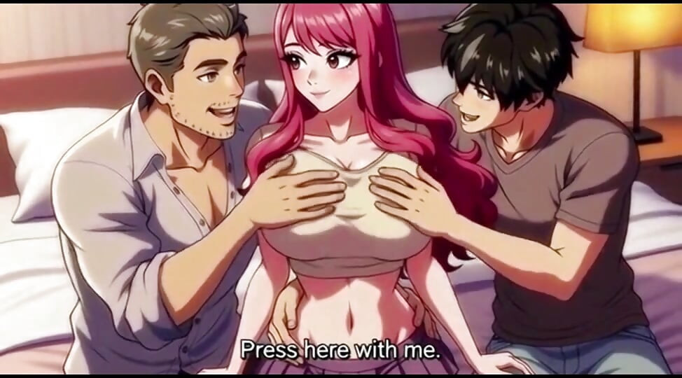 Two boy and one girl threesome in hotel room