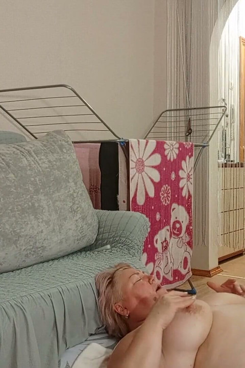 Stepmom with Big Tits Licks My Balls and I Jerk off My Cock and Cum in Her Mouth and on Her Face
